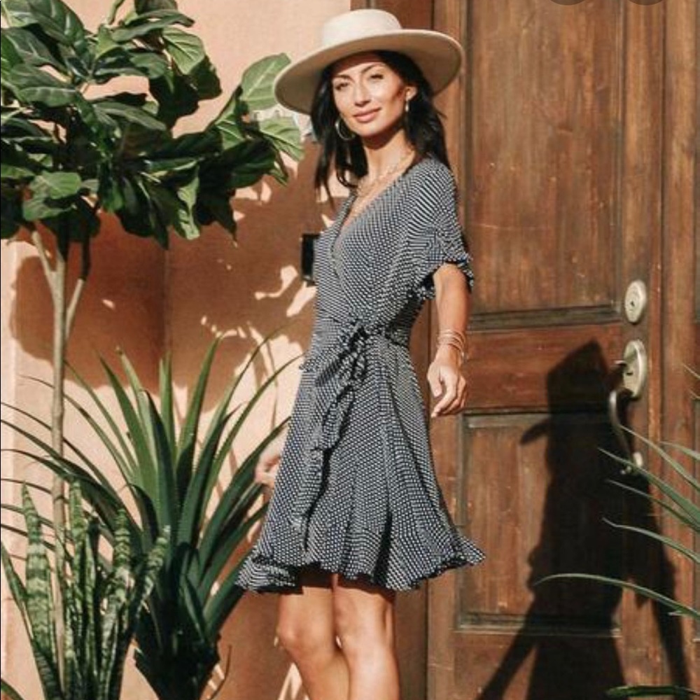 bohme Black White Polka Dot Mini Wrap Dress